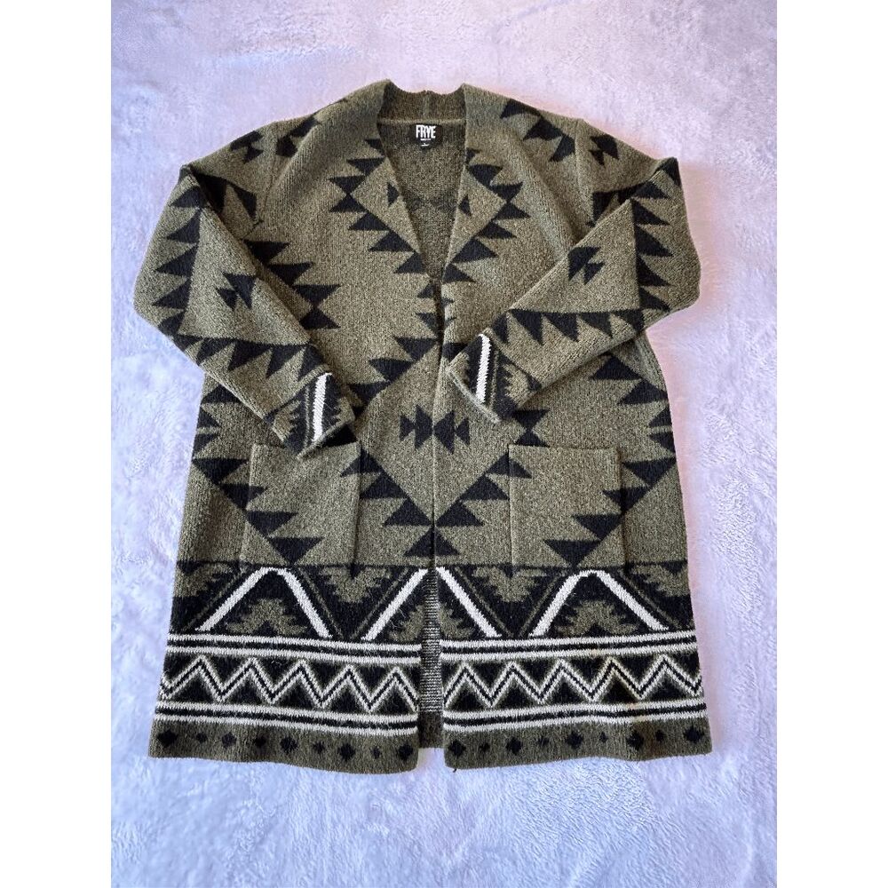 Frye Forest Green Long Open Geometric/ Southwestern Pattern Cardigan Size L